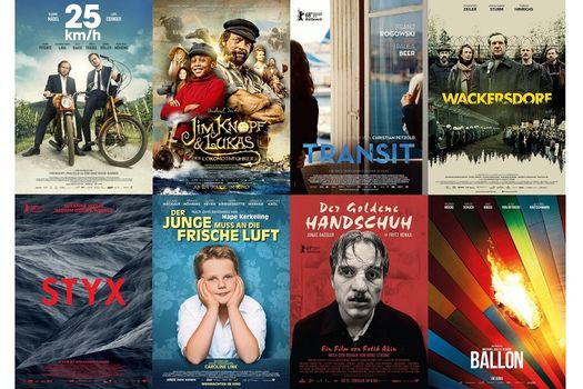 Filmplakate von "Ballon", "Wackersdorf", "25 km/h", "Jim Knopf", "Transit", "Styx", "Der Junge muss an die frische Luft" und "Der goldene Handschuh"